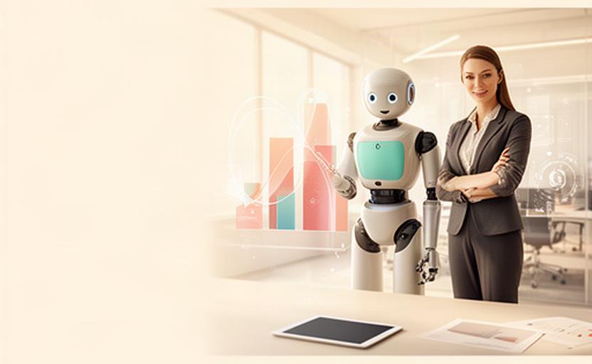 Freundlicher Roboter neben einem Geschäftsmann mit Diagramm in einem hellen Büro